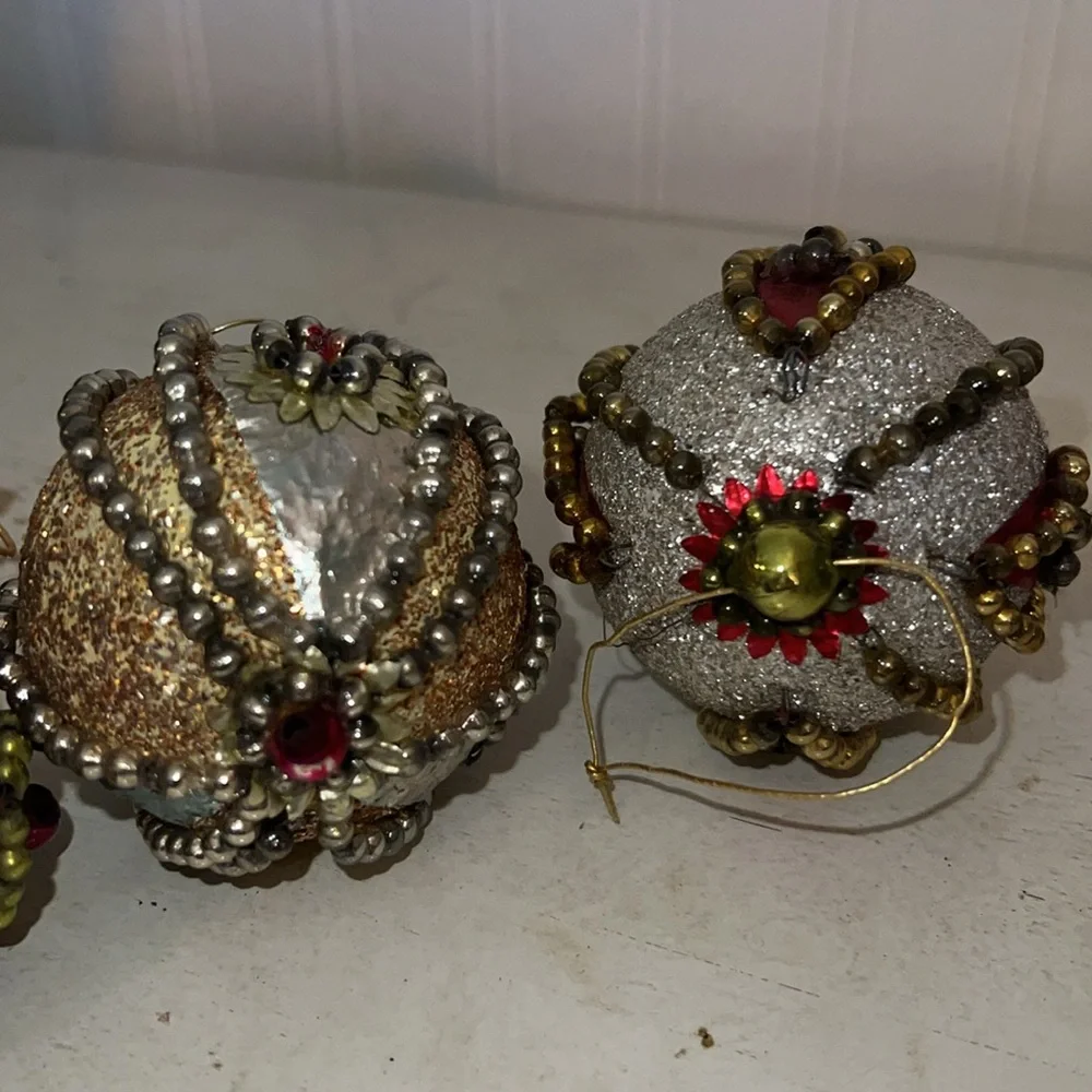 Vintage Mercury glass Beaded Sequined Christmas Ornaments Set balls